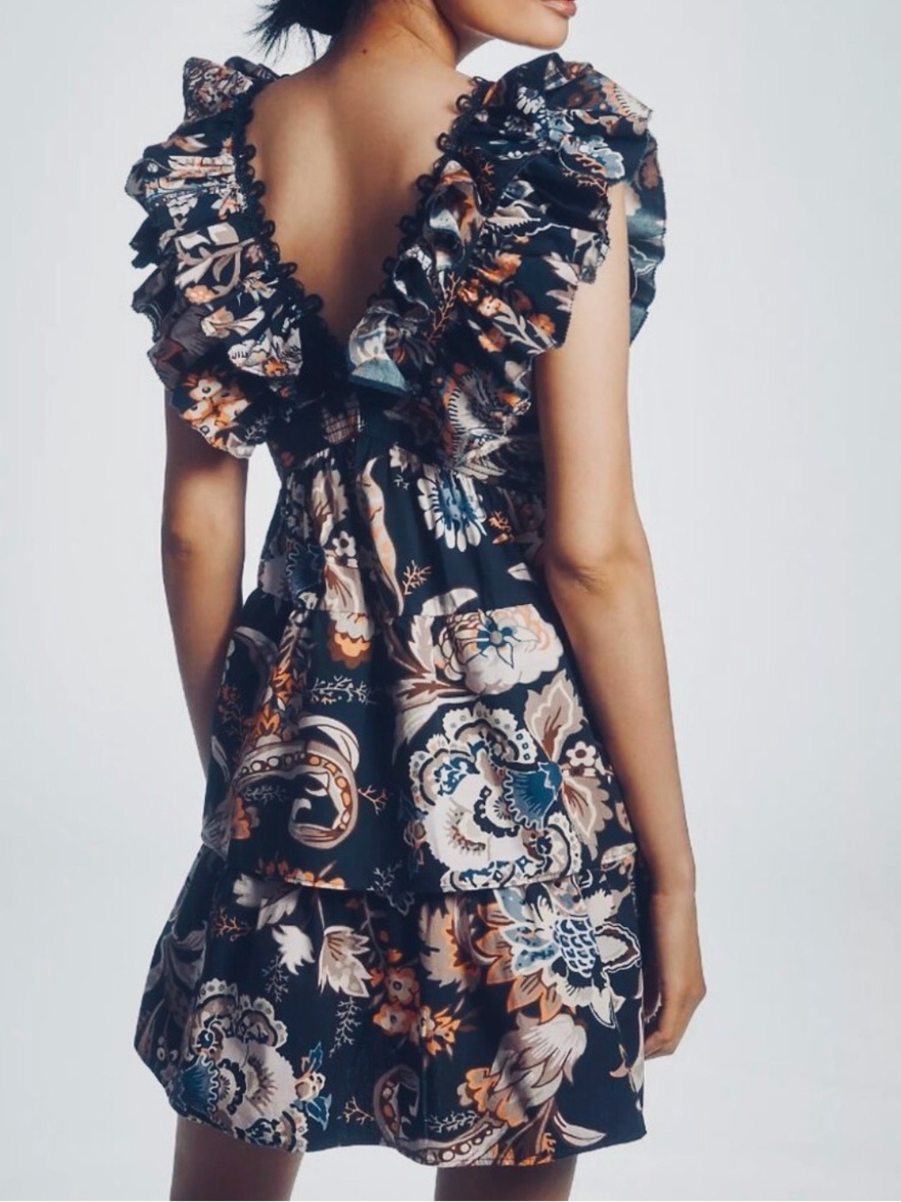 ANTHROPOLOGIE A Line Ruffle Mini Dress Floral Navy Blue XXS 25” Waist NWT! 🌻